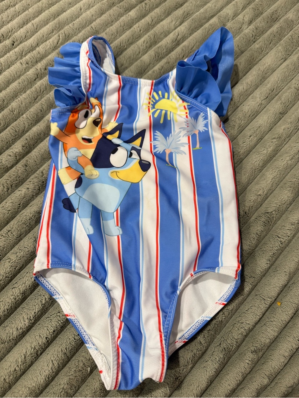 Girls Blue Striped One-Piece Swimsuit with Cartoon Friends